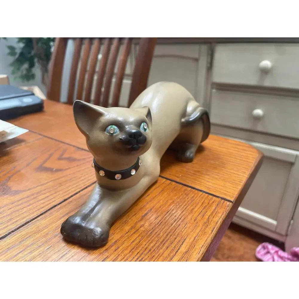Vintage Mid Century Siamese Cat Figurine Rhinestone Eyes Jeweled Collar 8”
